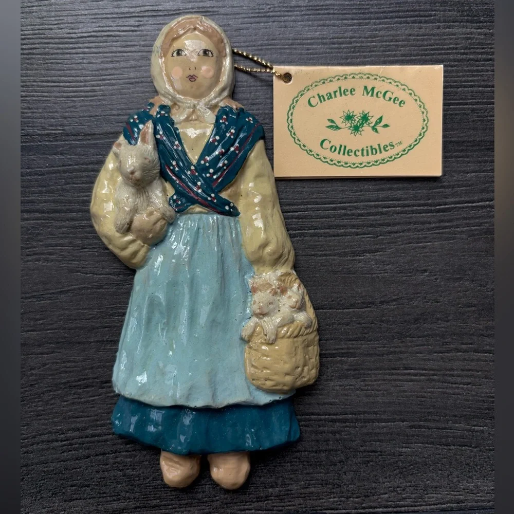 1982 Charlee McGee Collectibles Christmas Ornament Woman Holding Rabbit
